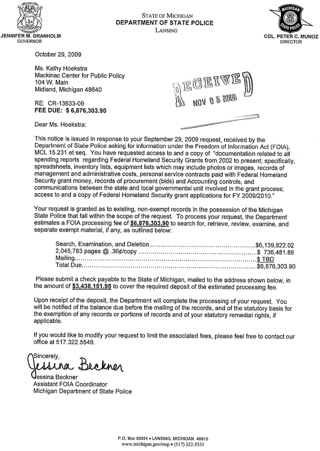 Michigan Homeland Security $7 Million FOIA