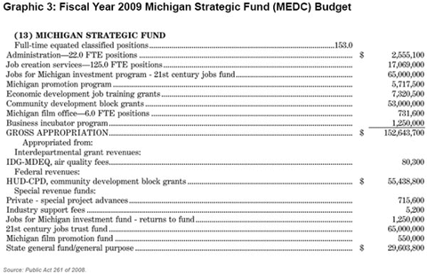 Graphic 3: Fiscal Year 2009 Michigan Strategic Fund (MEDC) Budget - click to enlarge