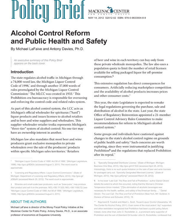 Alcohol Control Reform and Public Health and Safety Mackinac Center