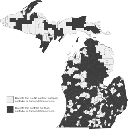 Graphic 8: Map of School Support Service Privatization in Michigan, 2015 - click to enlarge