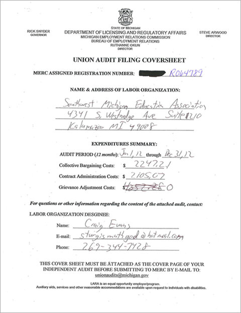 Graphic 1: Union Audit Filing Coversheet, Southwest Michigan Education Association, 2012 - click to enlarge