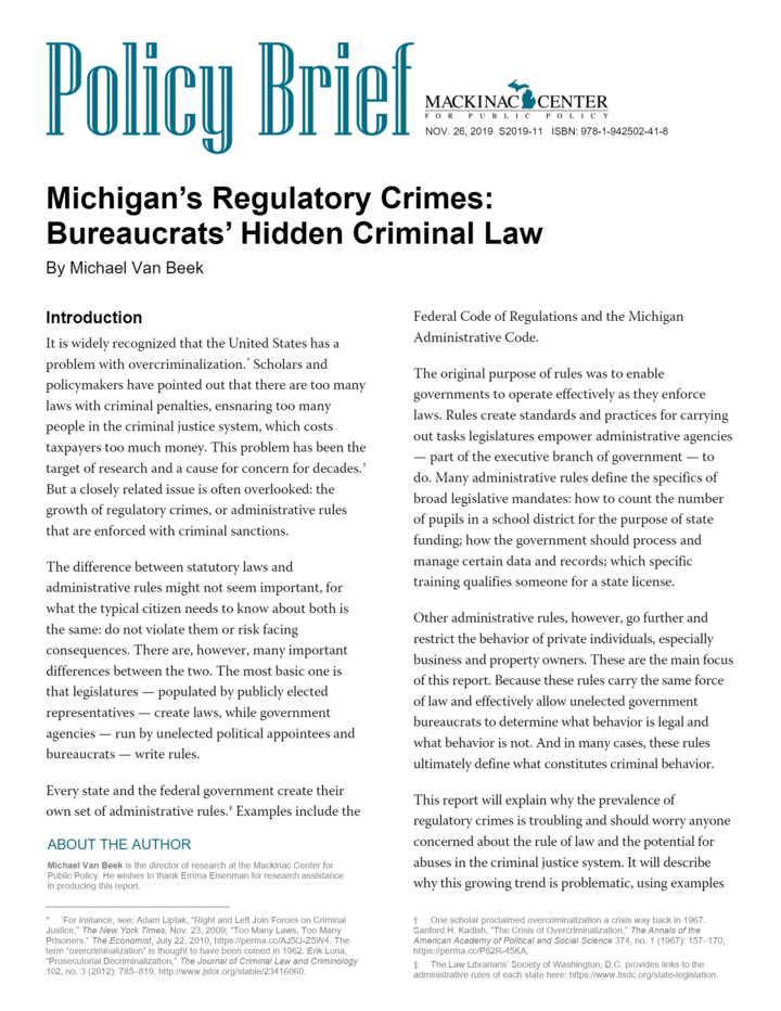 Michigan's Regulatory Crimes Bureaucrats' Hidden Criminal Law Mackinac Center